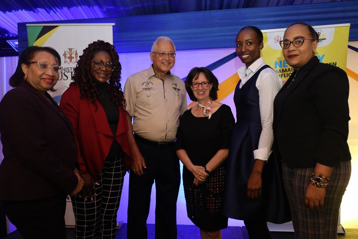 Distinguished guests in attendance at the Child Diversion Forum. L-R: Mrs Grace Ann Stewart McFarlane, Permanent Secretary, Ministry of Justice; Mrs Denise Bingham, Senior Director, National Council on Drug Abuse; Hon. Delroy Chuck, Minister of Justice, Ms Olga Izaza, Country Representative, UNICEF, Ms Venisa Clarke, Director, Child Diversion Branch and Ms Jamie -Ann Chevannes, Principal Director Social Justice Division of the Ministry of Justice.
